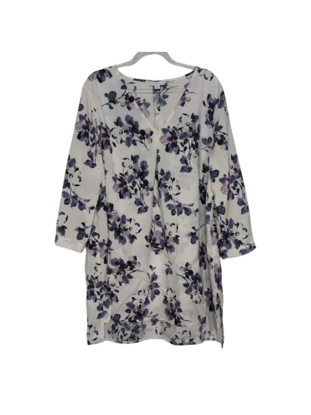 J Jill Floral Tunic Womens Size Large White 3/4 Sleeves Lightweight V Neck Shirt